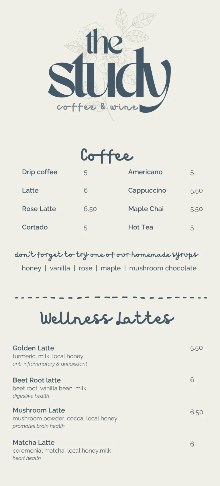 The Study Coffee Menu